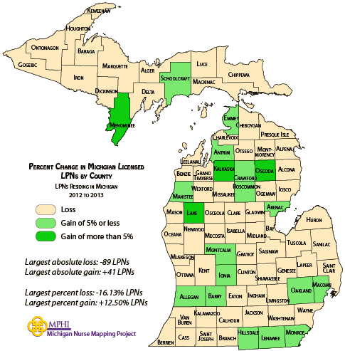 map showing percent change in MI LPNs from 2012 to 2013